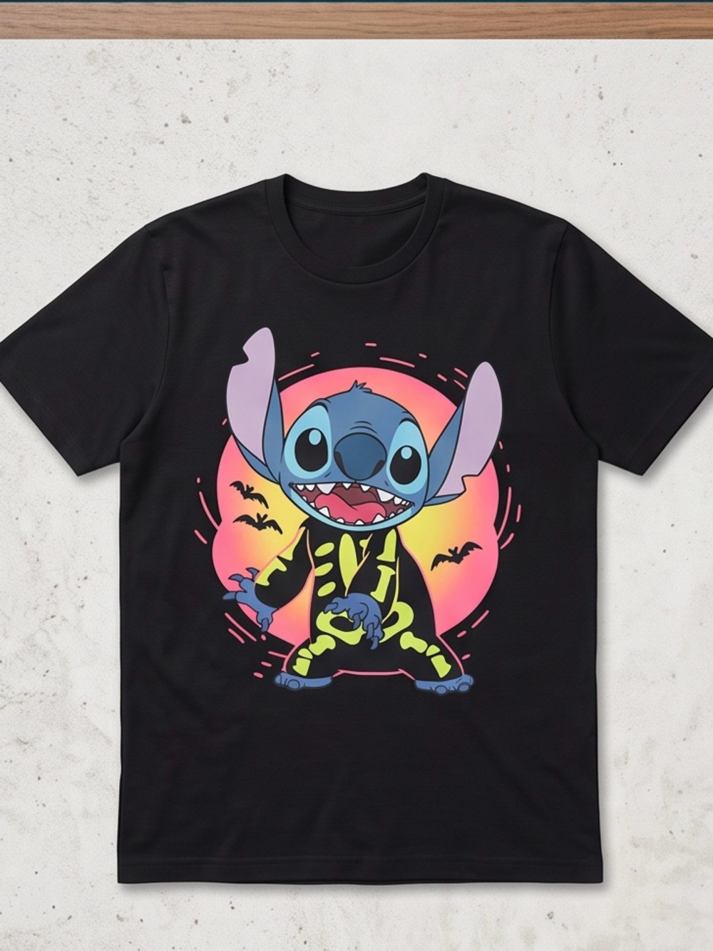 Disney Black Tee with Neon Stitch Halloween Graphic